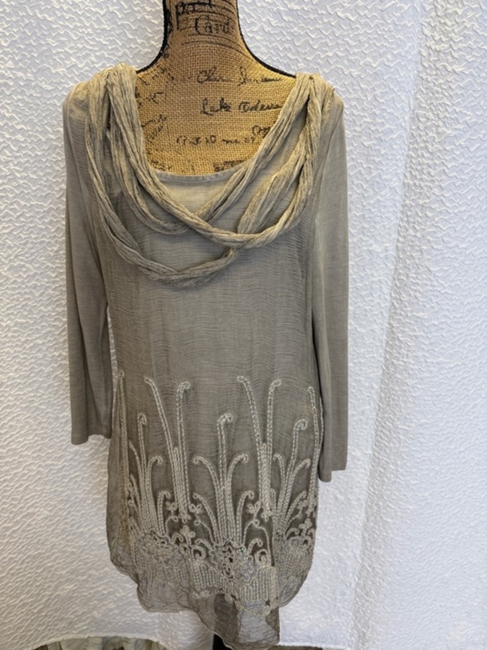 Soft Surroundings taupe embroidered sheer draped-neck tunic Silk